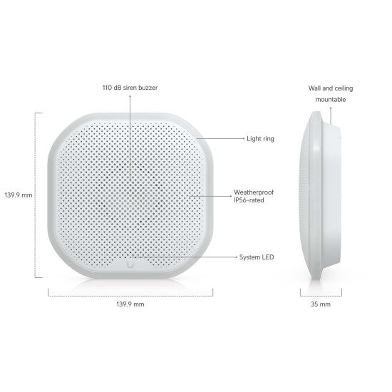 Sirenă PoE UniFi Ubiquiti pentru exterior cu alarmă de 110 dB și iluminare LED, UP-Siren-PoE